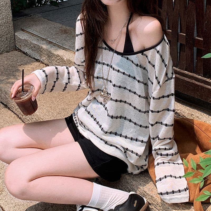 원본 컬러 짜임 기사 스트라이프 자외선 차단 블라우스 여성 여름 루즈핏 행침 목 슬립 긴팔 투피스 슈트 맨위 상세 이미지 4