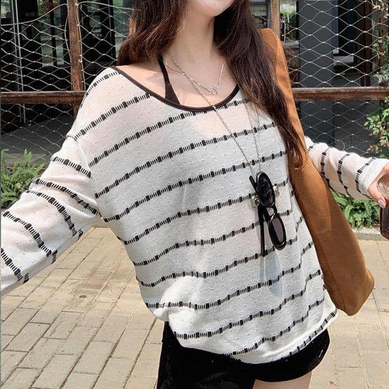 원본 컬러 짜임 기사 스트라이프 자외선 차단 블라우스 여성 여름 루즈핏 행침 목 슬립 긴팔 투피스 슈트 맨위 상세 이미지 5