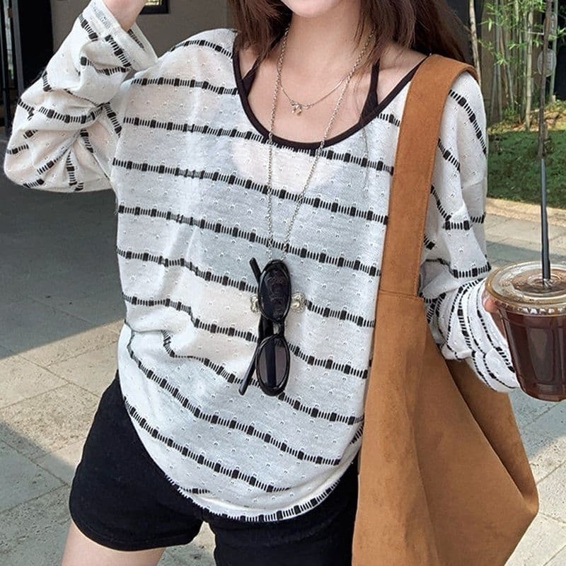 원본 컬러 짜임 기사 스트라이프 자외선 차단 블라우스 여성 여름 루즈핏 행침 목 슬립 긴팔 투피스 슈트 맨위 상세 이미지 6