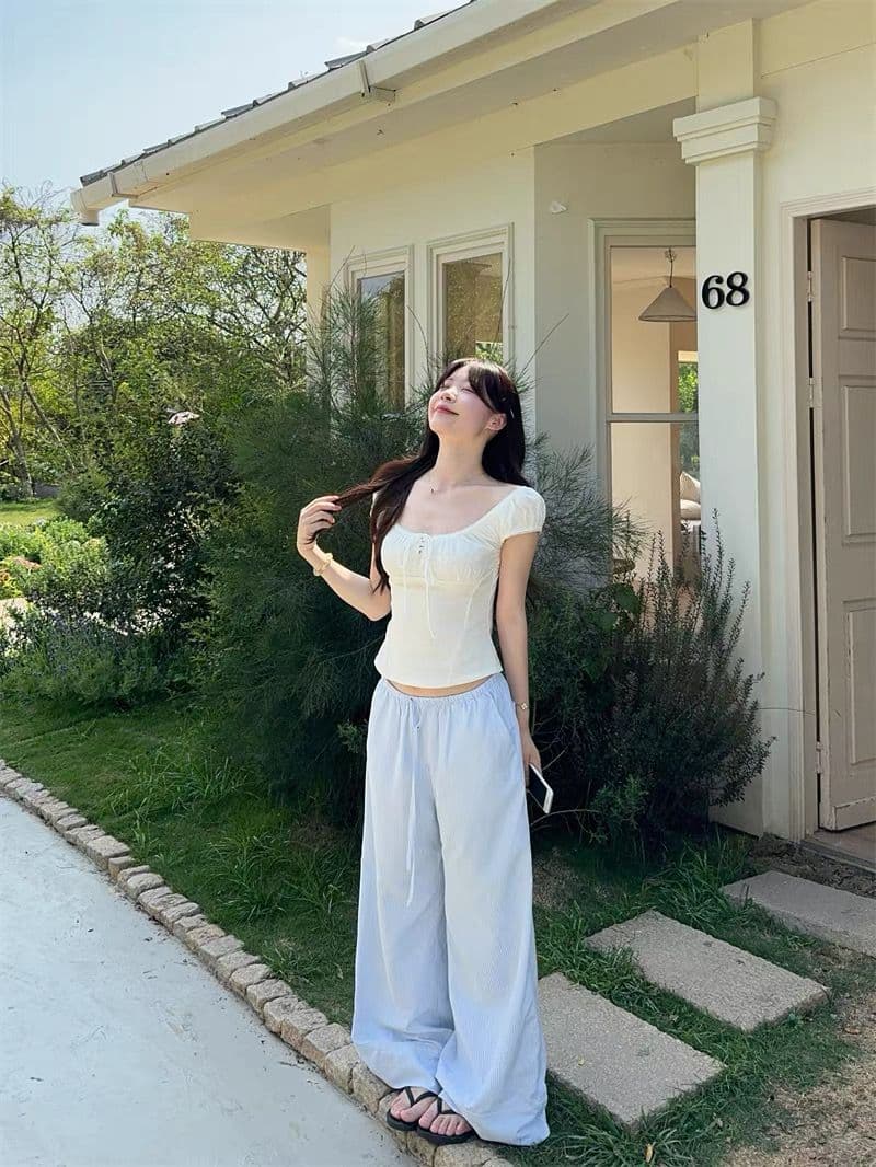 모 Da 서울 아메리칸 핫걸 몸매 가꾸기 광장 칼라 반팔 티셔츠 여성 거품 소매 슬림해 보이는 순수한 욕망 쇼트 스타일 맨위 상세 이미지 3