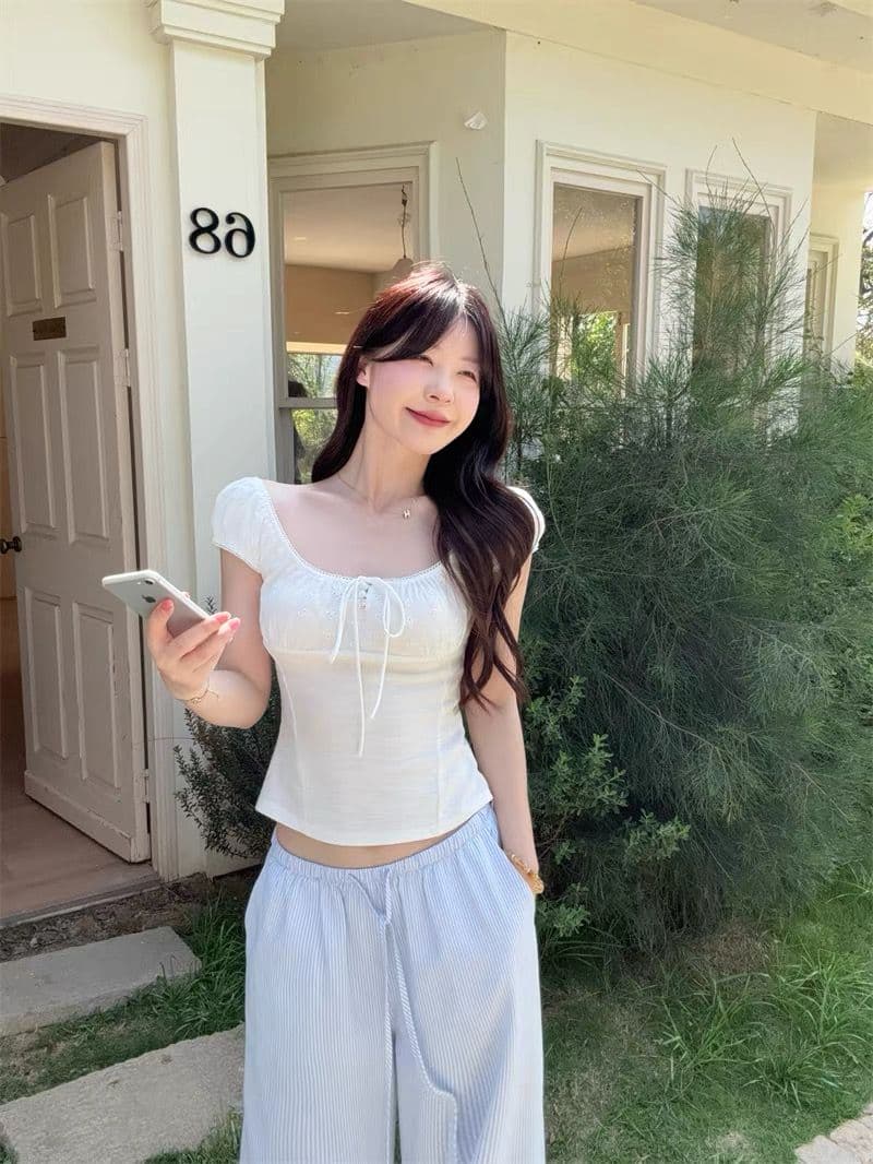 모 Da 서울 아메리칸 핫걸 몸매 가꾸기 광장 칼라 반팔 티셔츠 여성 거품 소매 슬림해 보이는 순수한 욕망 쇼트 스타일 맨위 상세 이미지 5