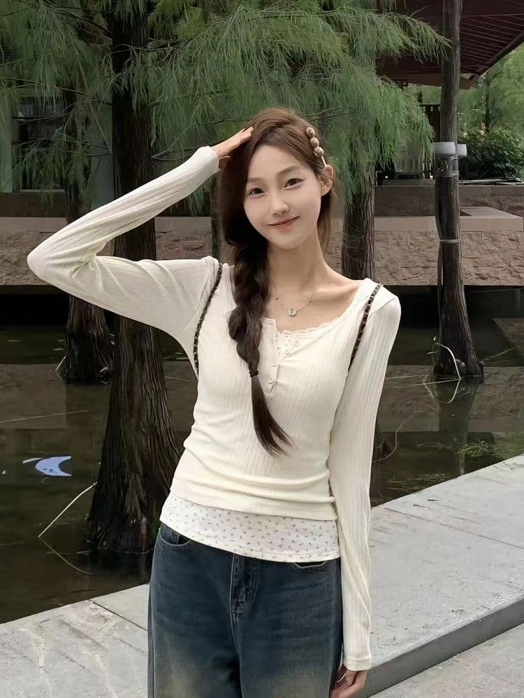 원본 원단 2026 새로운 꽃무늬 페이크 레이어드 맨위 여성 외국 가스 몸매 가꾸기 기본 셔츠 긴팔 티셔츠 상세 이미지 3