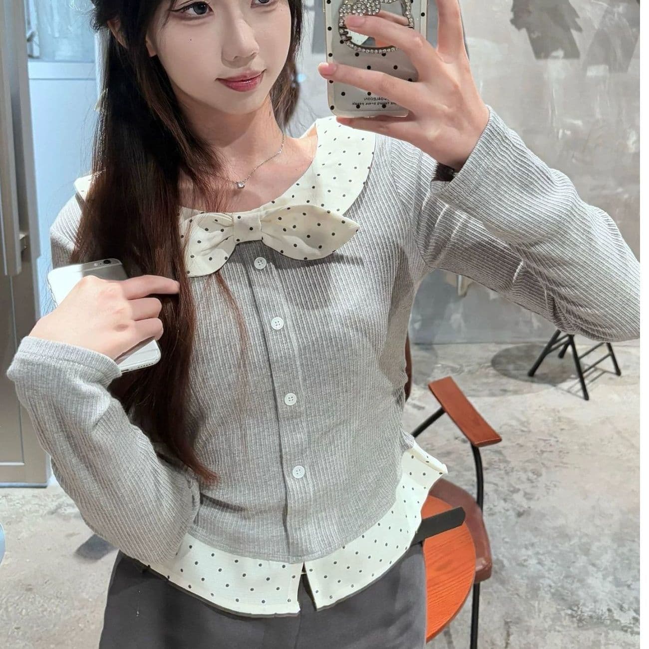 경관 그림 와 사고 방식 모달 260 그램 2 2 페이크 레이어드 도트 무늬 u 칼라 긴팔 티셔츠 여성 의류 맨위