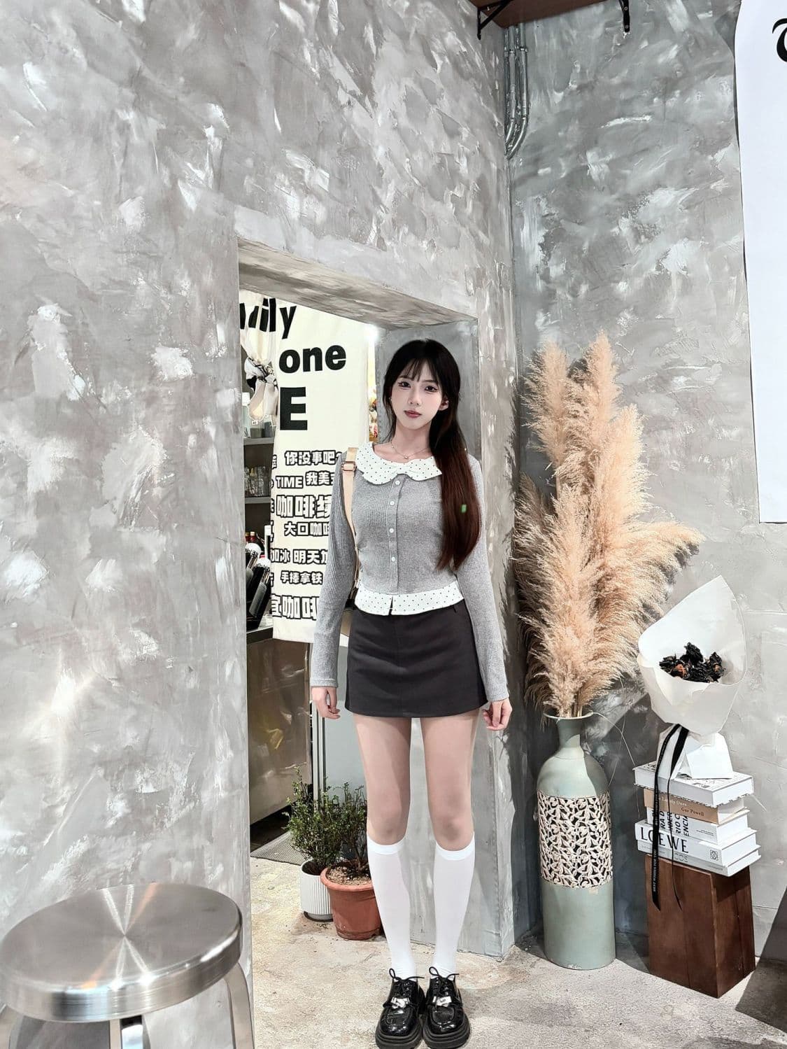 경관 그림 와 사고 방식 모달 260 그램 2 2 페이크 레이어드 도트 무늬 u 칼라 긴팔 티셔츠 여성 의류 맨위 이미지 3