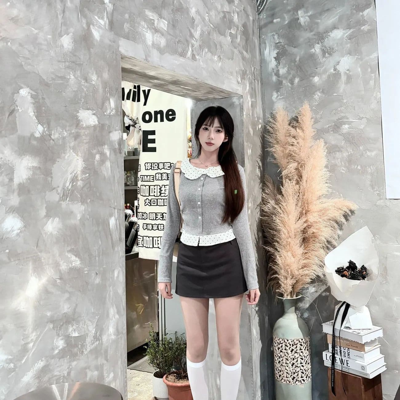경관 그림 와 사고 방식 모달 260 그램 2 2 페이크 레이어드 도트 무늬 u 칼라 긴팔 티셔츠 여성 의류 맨위 상세 이미지 6