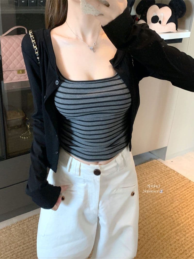 재킷 사람들 면 조끼 컬러 짜임 기사 한 부서 스트라이프 슬립 긴팔 오픈 가디건 투피스 세트 디자인 센스