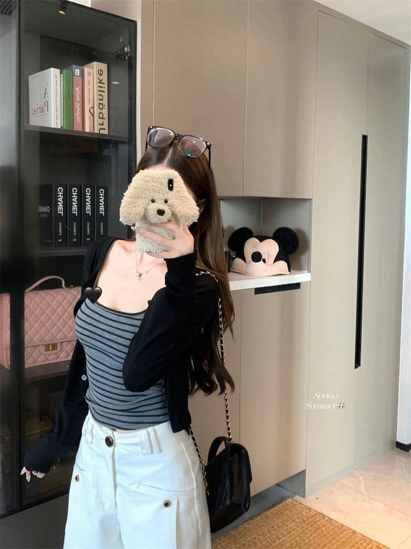재킷 사람들 면 조끼 컬러 짜임 기사 한 부서 스트라이프 슬립 긴팔 오픈 가디건 투피스 세트 디자인 센스 이미지 4