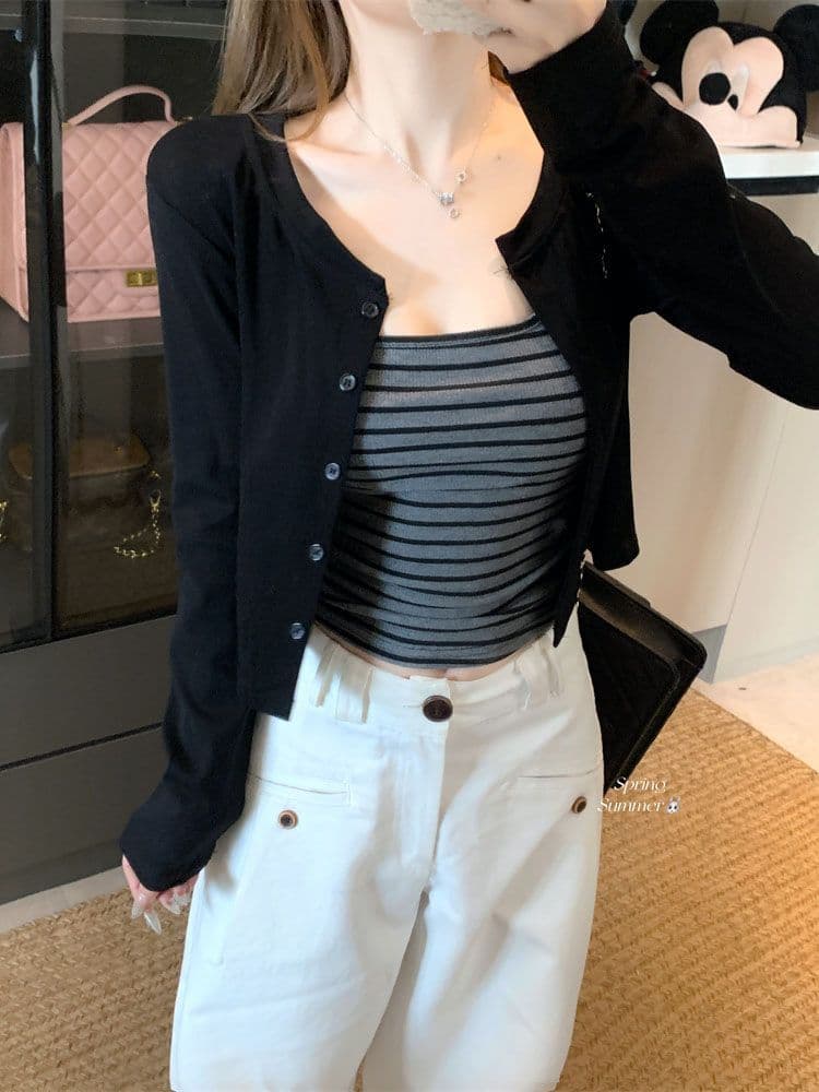 재킷 사람들 면 조끼 컬러 짜임 기사 한 부서 스트라이프 슬립 긴팔 오픈 가디건 투피스 세트 디자인 센스 상세 이미지 6