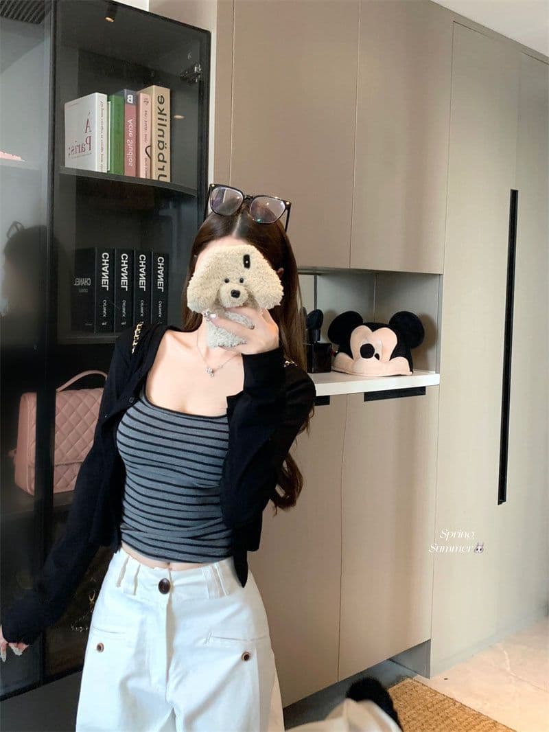 재킷 사람들 면 조끼 컬러 짜임 기사 한 부서 스트라이프 슬립 긴팔 오픈 가디건 투피스 세트 디자인 센스 상세 이미지 7