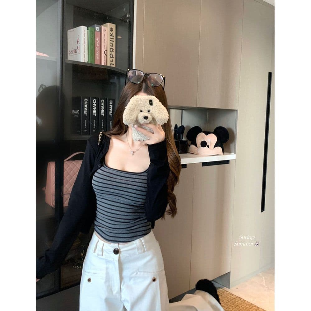 재킷 사람들 면 조끼 컬러 짜임 기사 한 부서 스트라이프 슬립 긴팔 오픈 가디건 투피스 세트 디자인 센스 상세 이미지 9
