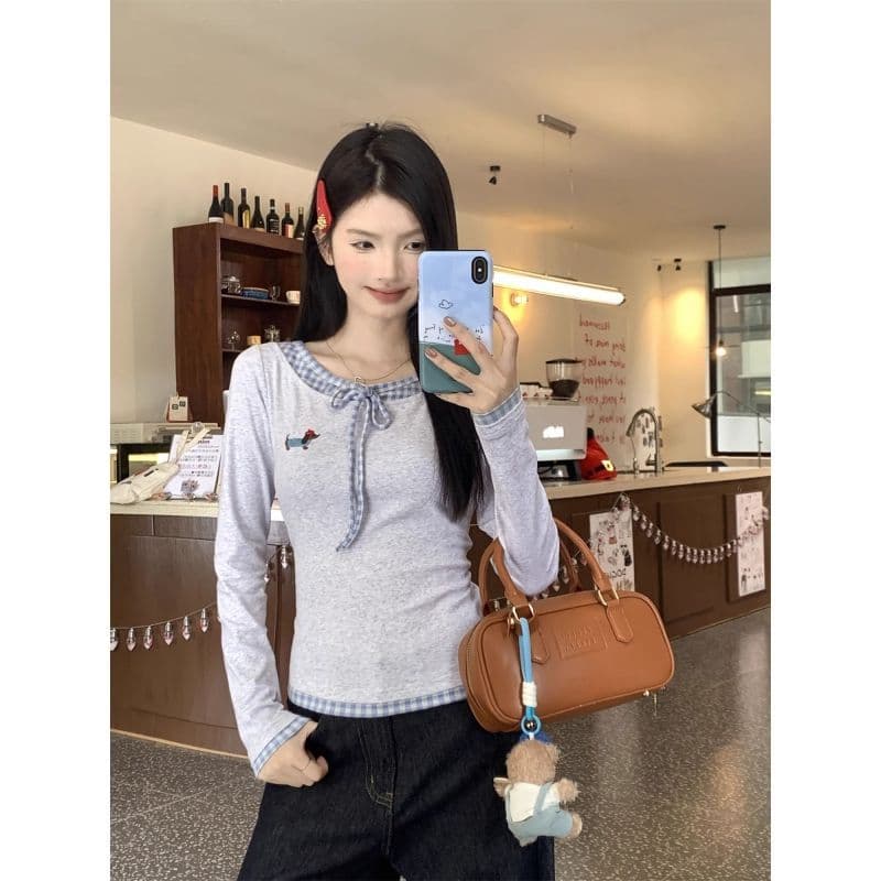 모 Da 서울 페이크 레이어드 긴팔 티셔츠 여성 가을 체크무늬 패치워크 몸매 가꾸기 슬림해 보이는 쇼트 스타일 맨위 이미지 3