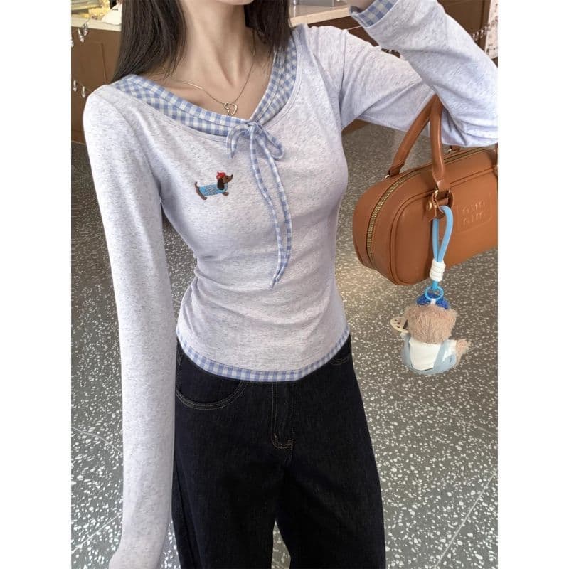 모 Da 서울 페이크 레이어드 긴팔 티셔츠 여성 가을 체크무늬 패치워크 몸매 가꾸기 슬림해 보이는 쇼트 스타일 맨위