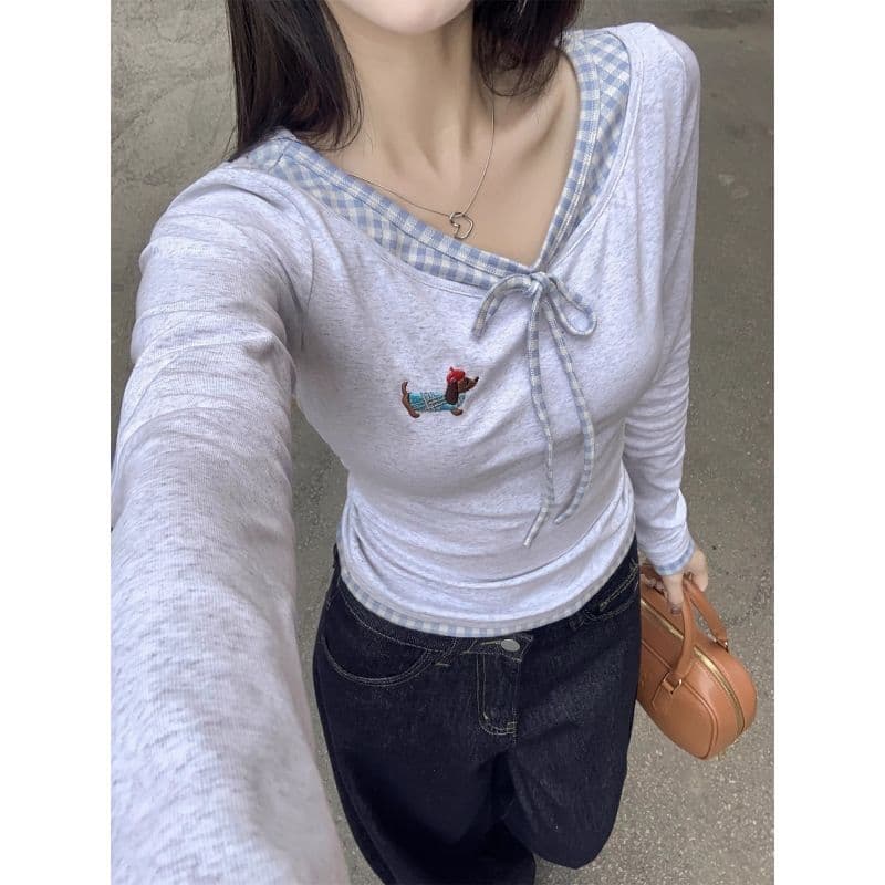 모 Da 서울 페이크 레이어드 긴팔 티셔츠 여성 가을 체크무늬 패치워크 몸매 가꾸기 슬림해 보이는 쇼트 스타일 맨위 이미지 2