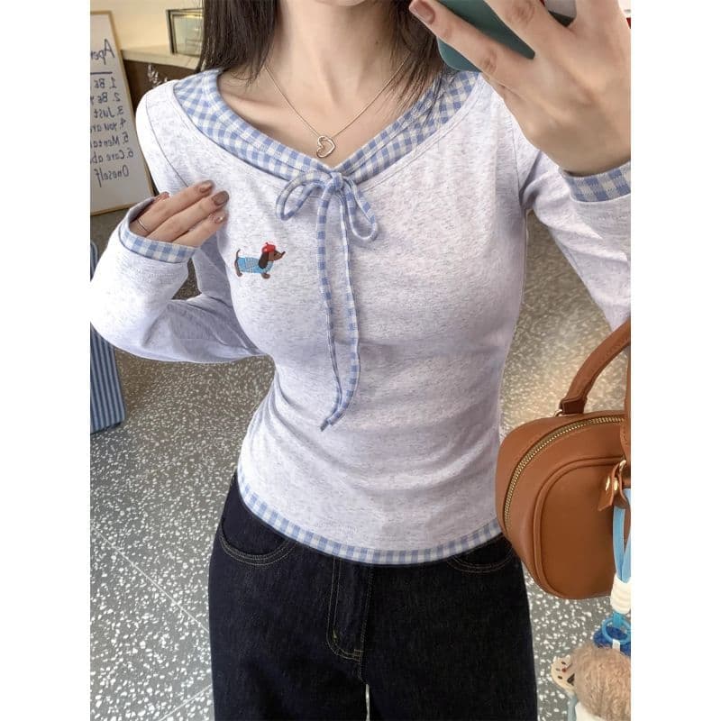 모 Da 서울 페이크 레이어드 긴팔 티셔츠 여성 가을 체크무늬 패치워크 몸매 가꾸기 슬림해 보이는 쇼트 스타일 맨위 이미지 4