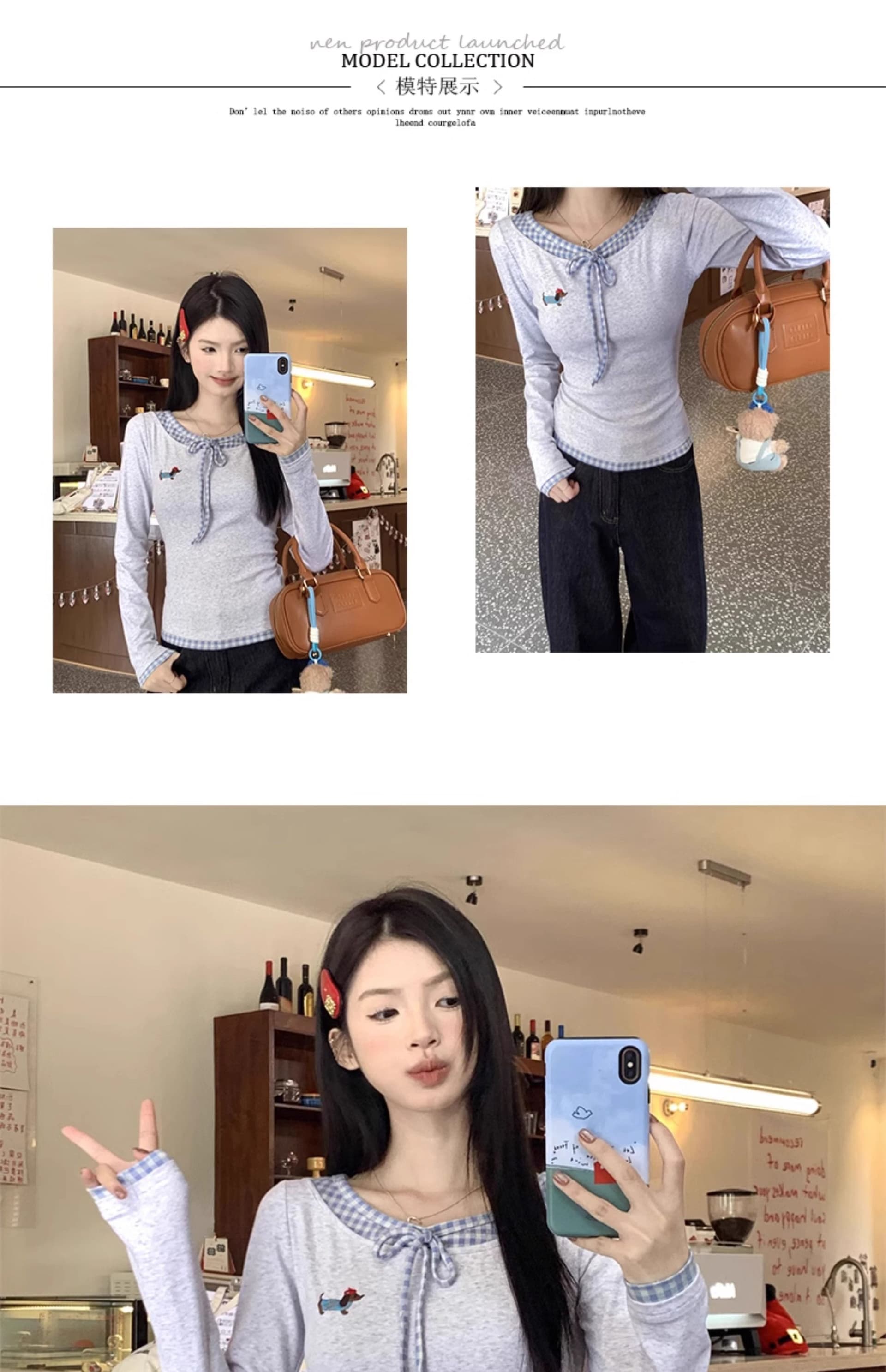 모 Da 서울 페이크 레이어드 긴팔 티셔츠 여성 가을 체크무늬 패치워크 몸매 가꾸기 슬림해 보이는 쇼트 스타일 맨위 상세 이미지 2
