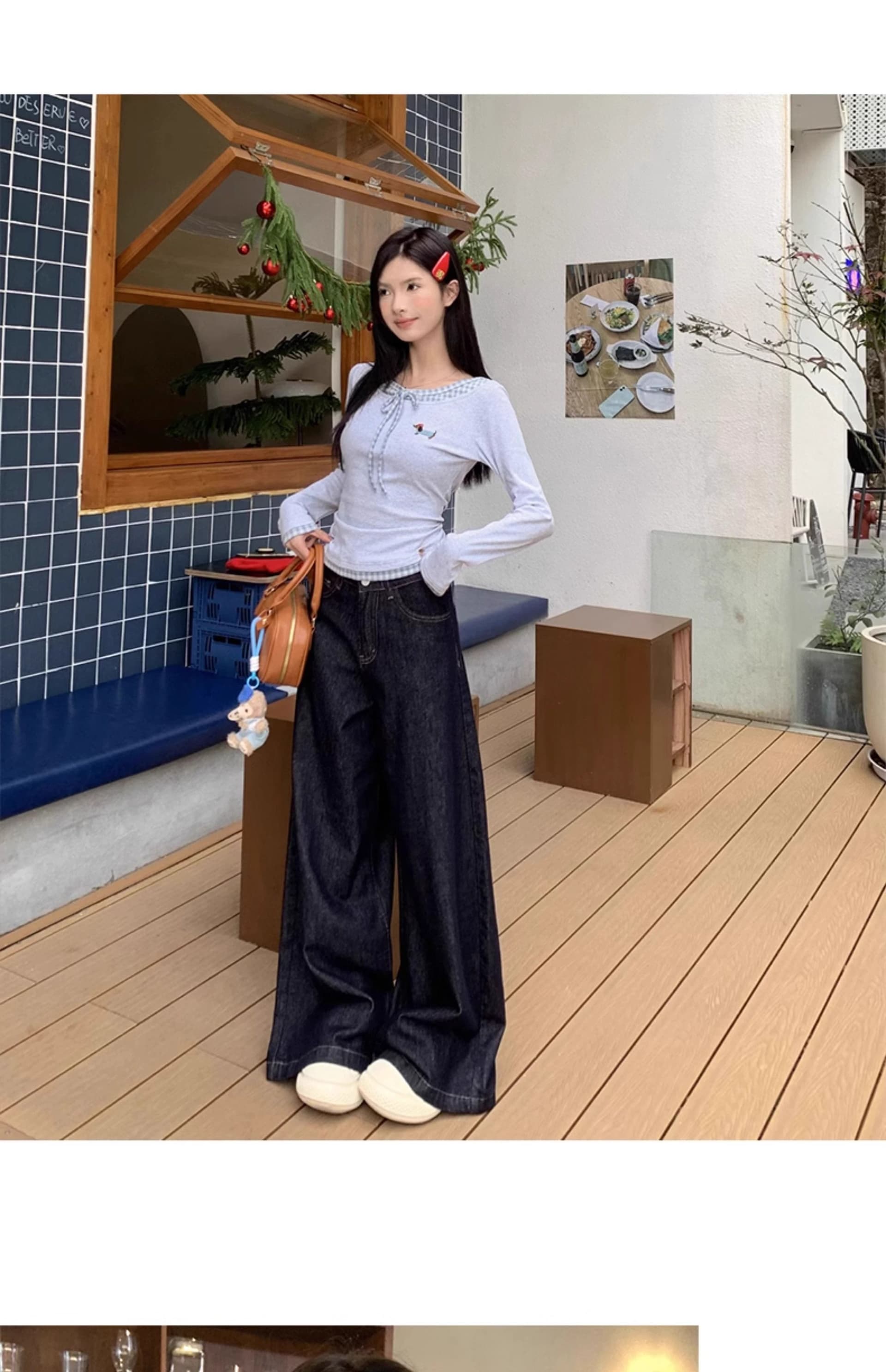 모 Da 서울 페이크 레이어드 긴팔 티셔츠 여성 가을 체크무늬 패치워크 몸매 가꾸기 슬림해 보이는 쇼트 스타일 맨위 상세 이미지 6
