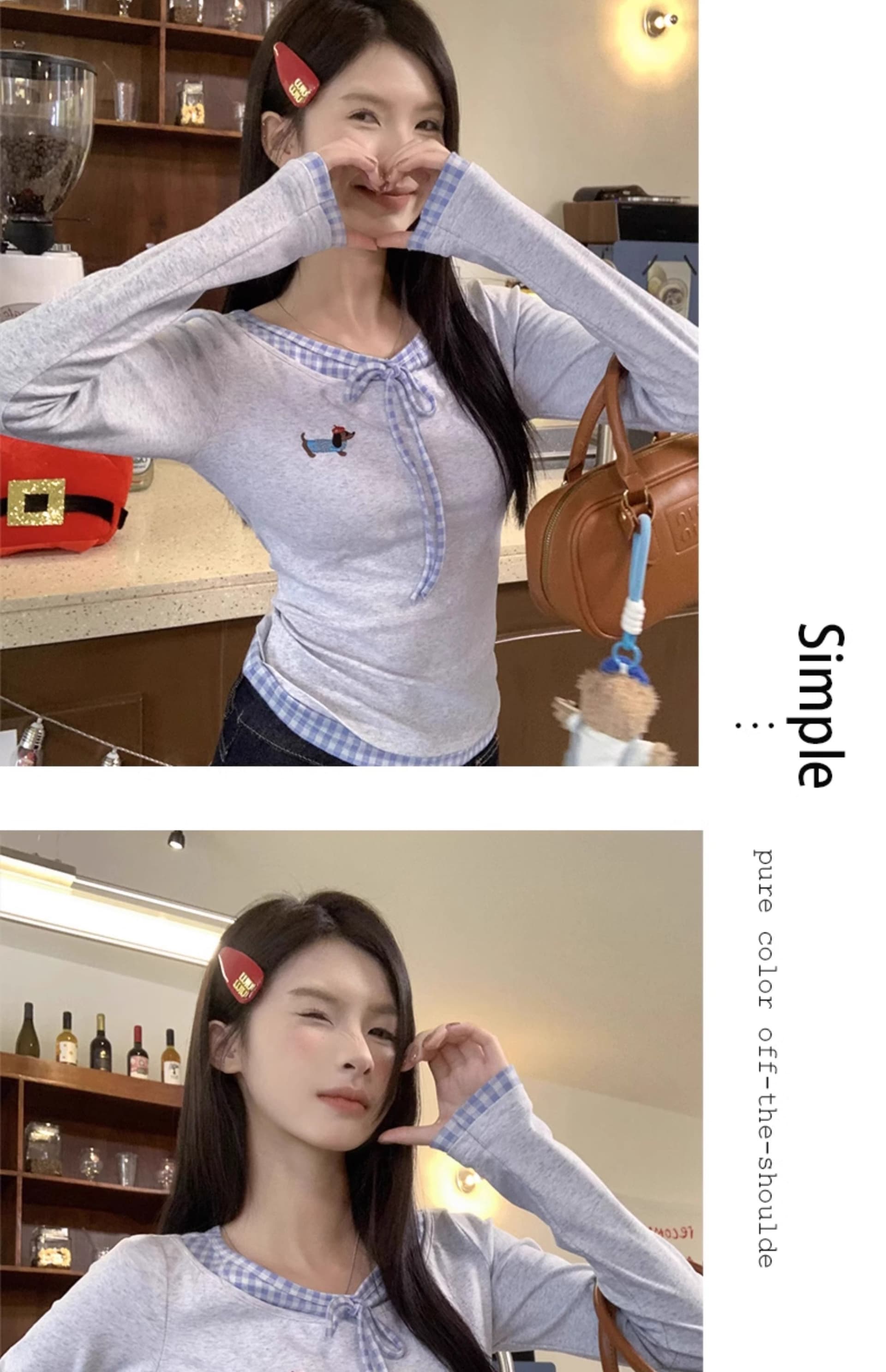 모 Da 서울 페이크 레이어드 긴팔 티셔츠 여성 가을 체크무늬 패치워크 몸매 가꾸기 슬림해 보이는 쇼트 스타일 맨위 상세 이미지 7