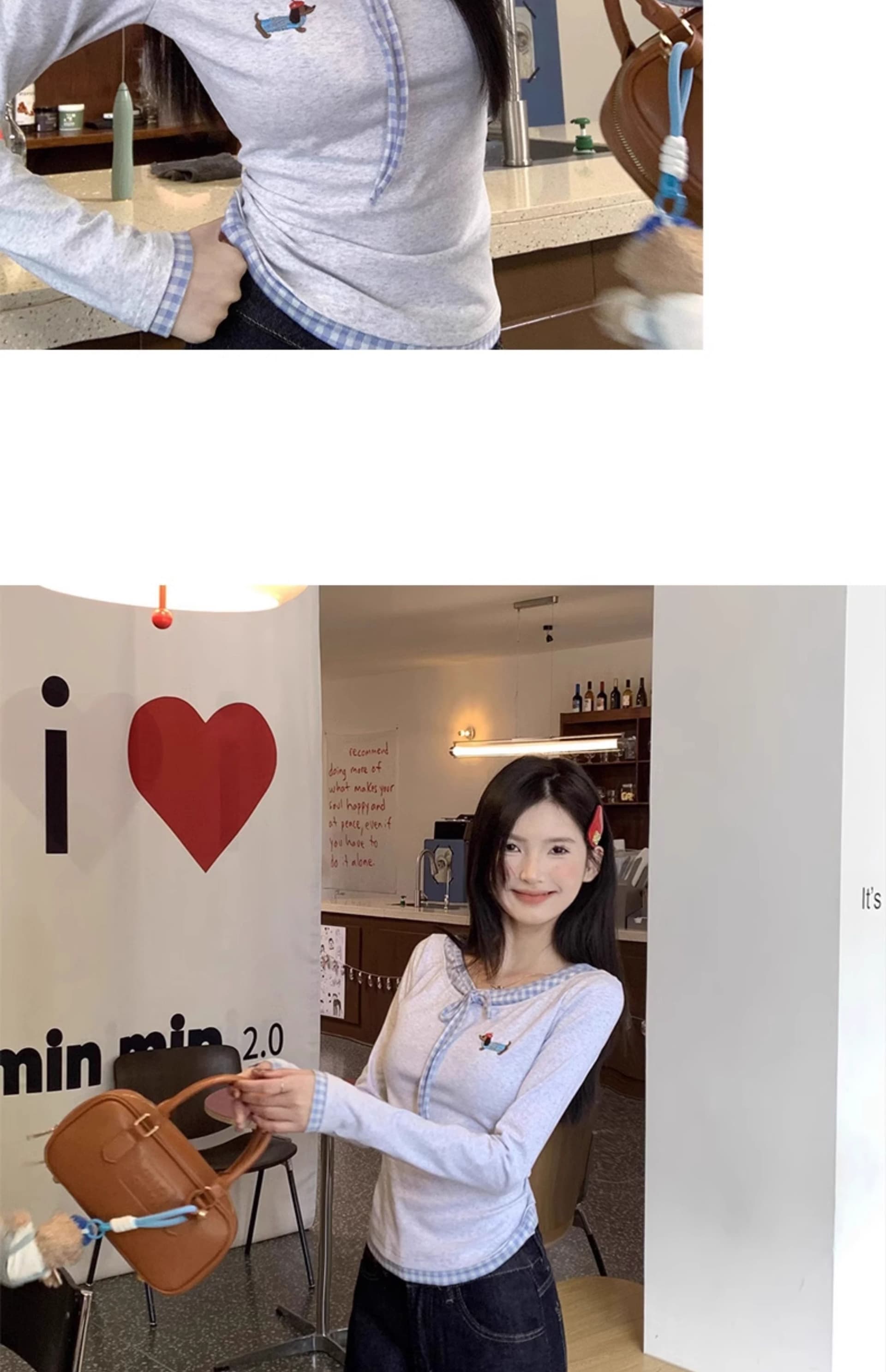 모 Da 서울 페이크 레이어드 긴팔 티셔츠 여성 가을 체크무늬 패치워크 몸매 가꾸기 슬림해 보이는 쇼트 스타일 맨위 상세 이미지 8