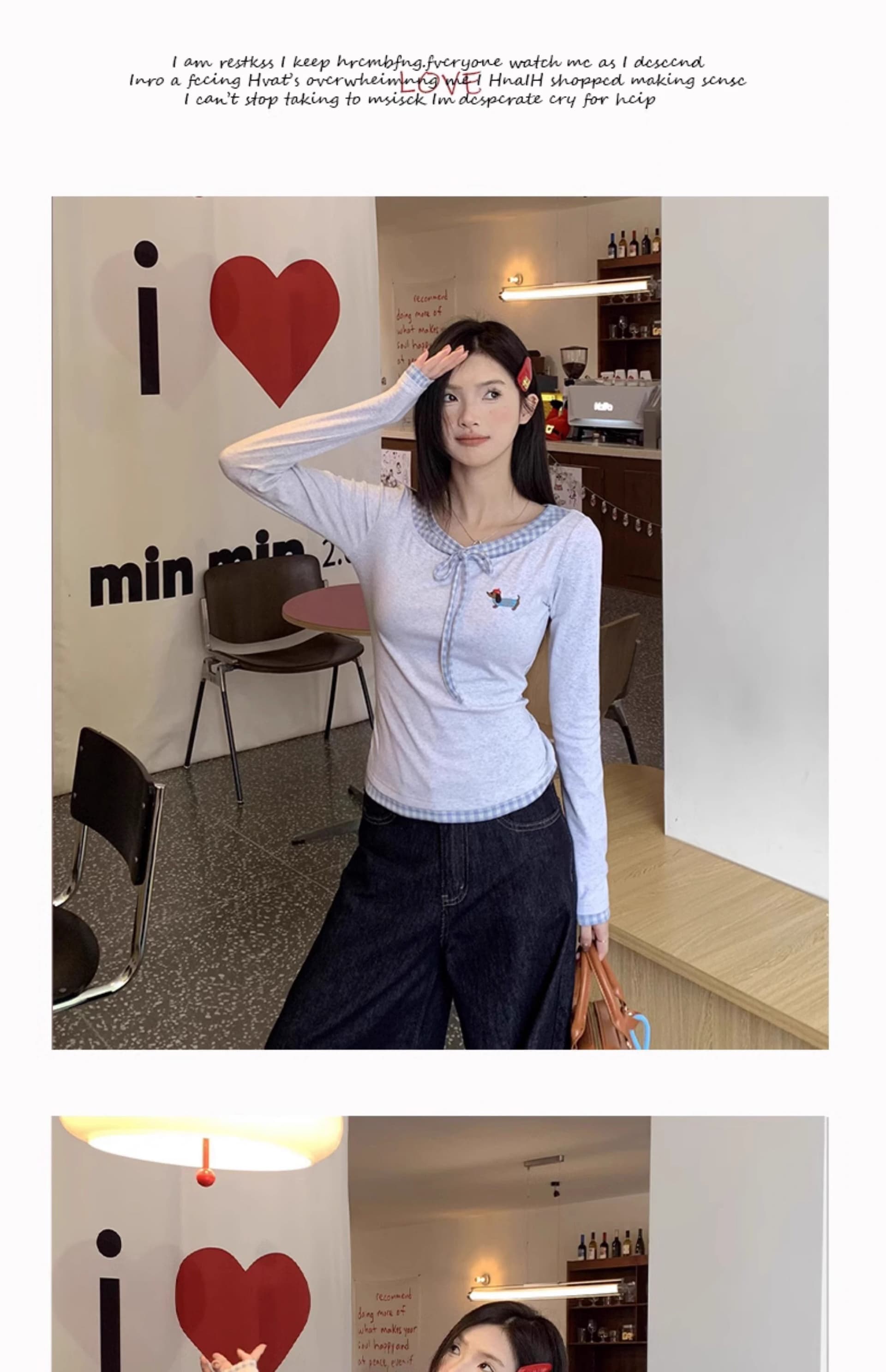 모 Da 서울 페이크 레이어드 긴팔 티셔츠 여성 가을 체크무늬 패치워크 몸매 가꾸기 슬림해 보이는 쇼트 스타일 맨위 상세 이미지 10