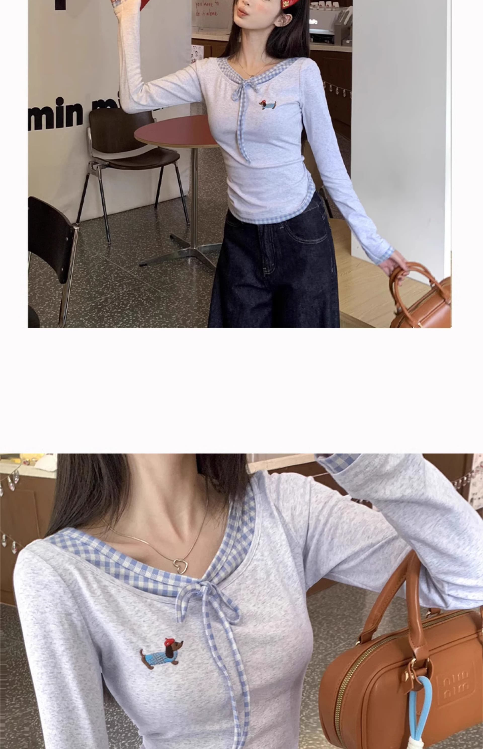 모 Da 서울 페이크 레이어드 긴팔 티셔츠 여성 가을 체크무늬 패치워크 몸매 가꾸기 슬림해 보이는 쇼트 스타일 맨위 상세 이미지 11