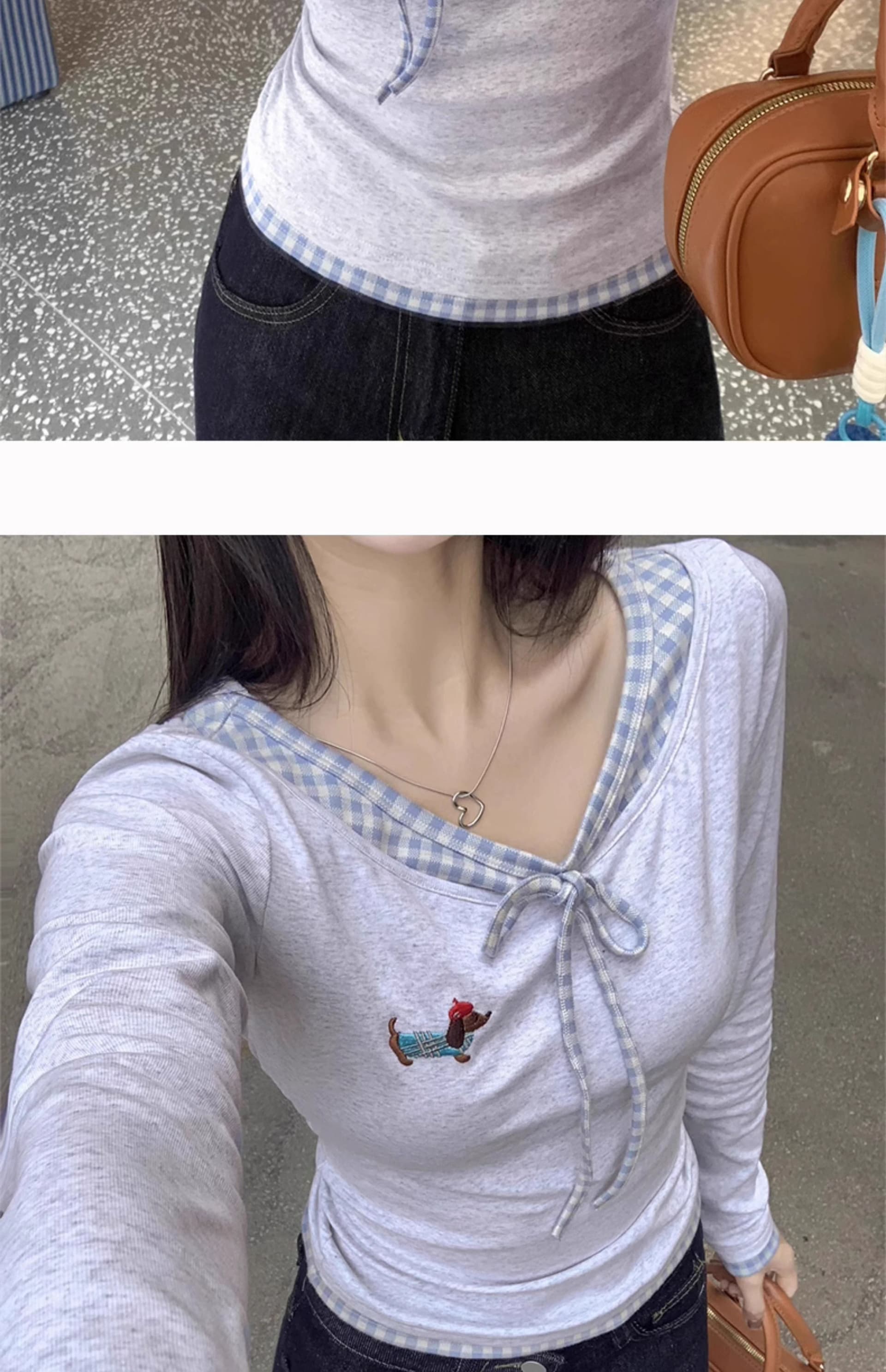 모 Da 서울 페이크 레이어드 긴팔 티셔츠 여성 가을 체크무늬 패치워크 몸매 가꾸기 슬림해 보이는 쇼트 스타일 맨위 상세 이미지 13