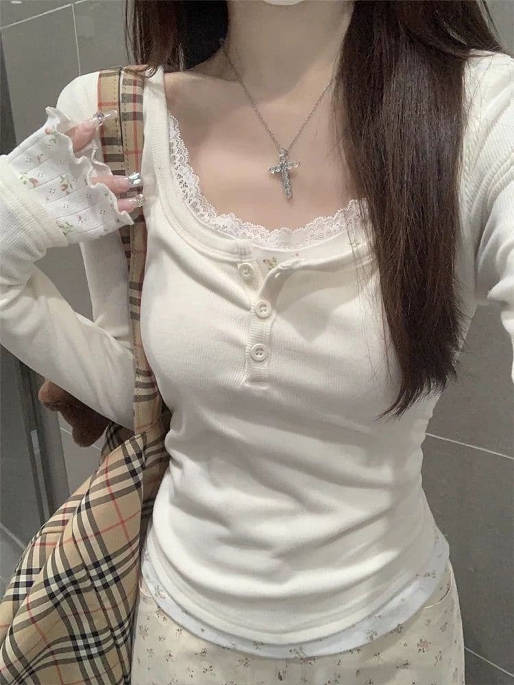 2.2 슈 피부 플러시 레이스 페이크 레이어드 긴팔 티셔츠 여성 몸매 가꾸기 패치워크 꽃무늬 아름다운 만나는 맨위 상세 이미지 2