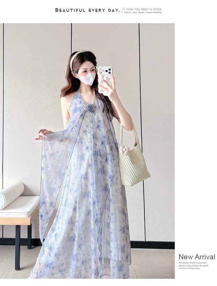 실사 임산부 여름 패션 새로운 망사 뿌리다 훈련 장미 행침 목 드레스 상세 이미지 12