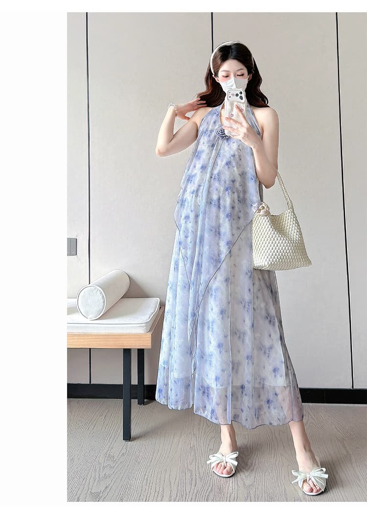 실사 임산부 여름 패션 새로운 망사 뿌리다 훈련 장미 행침 목 드레스 상세 이미지 18