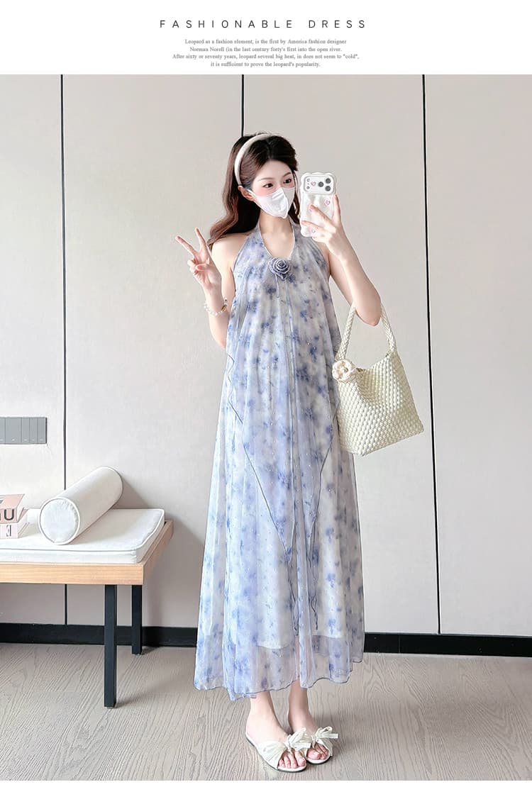 실사 임산부 여름 패션 새로운 망사 뿌리다 훈련 장미 행침 목 드레스 상세 이미지 21