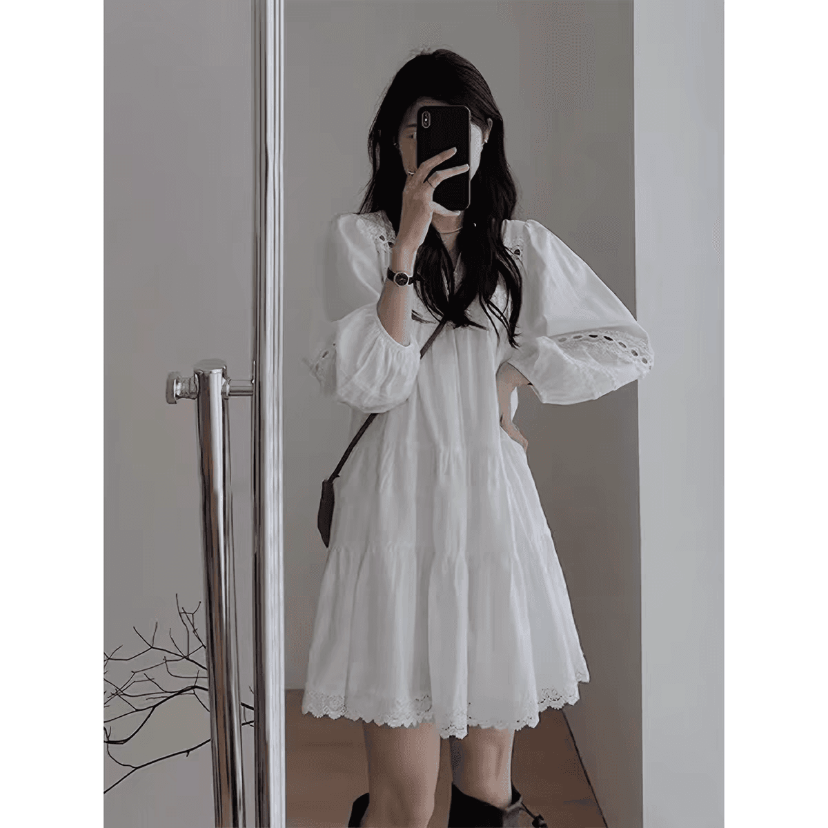 임산부 봄 가을 새로운 홀로우 아웃 프랑스식 거품 소매 드레스 이미지 3