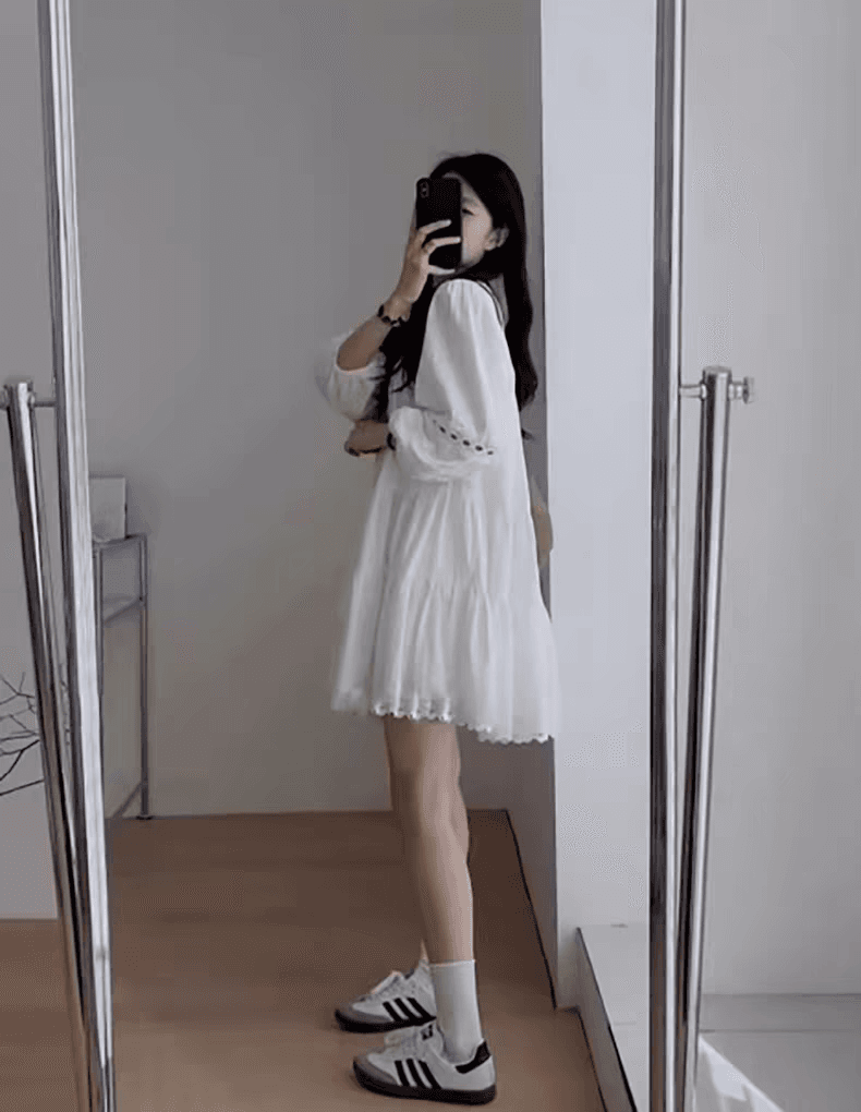 임산부 봄 가을 새로운 홀로우 아웃 프랑스식 거품 소매 드레스 이미지 4