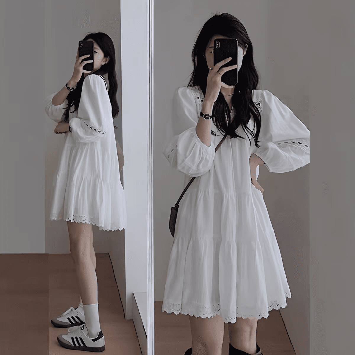 임산부 봄 가을 새로운 홀로우 아웃 프랑스식 거품 소매 드레스