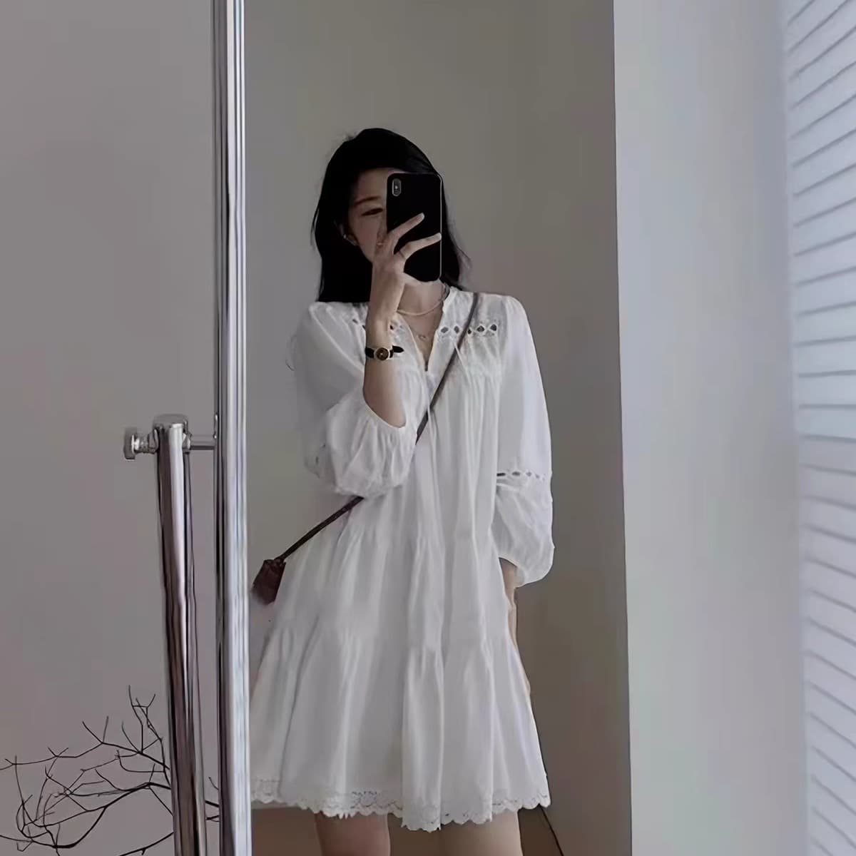 임산부 봄 가을 새로운 홀로우 아웃 프랑스식 거품 소매 드레스 이미지 5