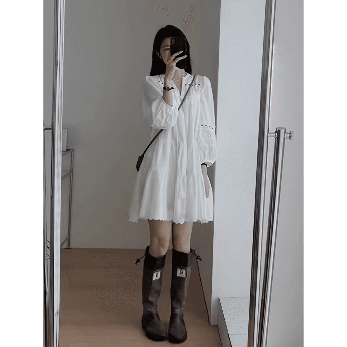 임산부 봄 가을 새로운 홀로우 아웃 프랑스식 거품 소매 드레스 상세 이미지 2