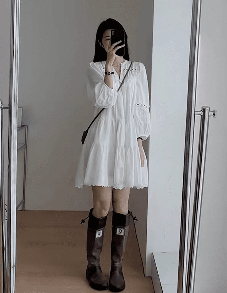 임산부 봄 가을 새로운 홀로우 아웃 프랑스식 거품 소매 드레스 상세 이미지 4