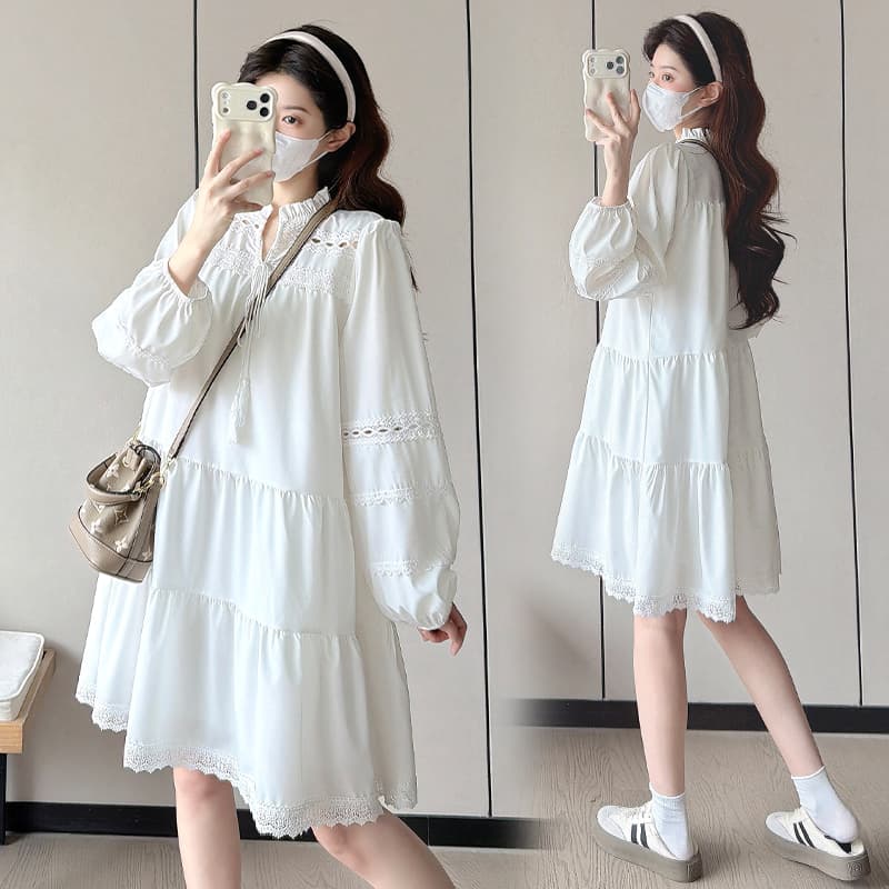실사 임산부 봄 가을 새로운 홀로우 아웃 프랑스식 거품 소매 드레스 이미지 2