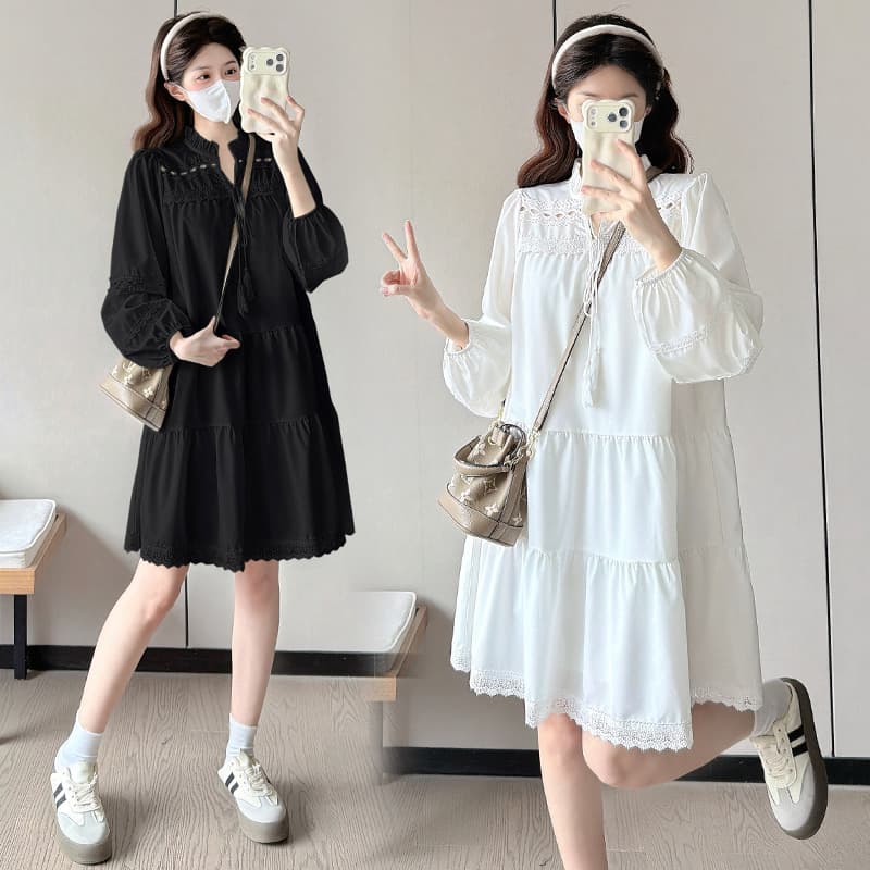 실사 임산부 봄 가을 새로운 홀로우 아웃 프랑스식 거품 소매 드레스