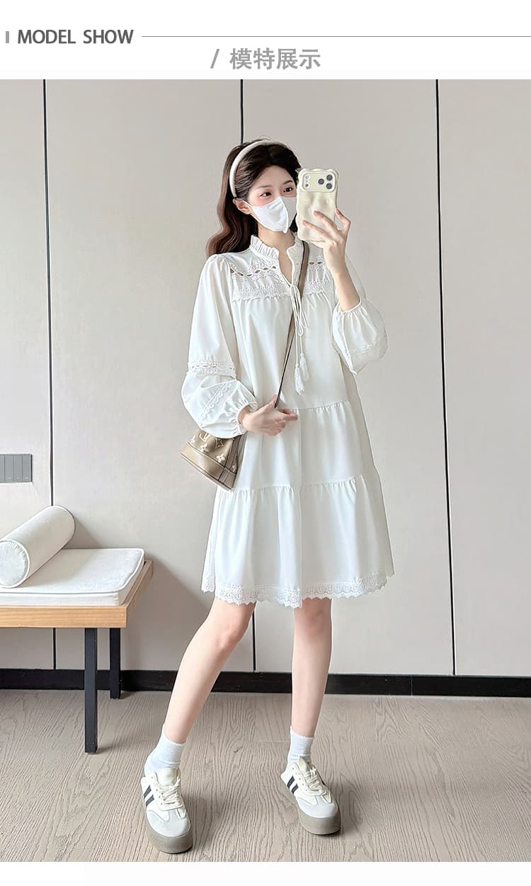실사 임산부 봄 가을 새로운 홀로우 아웃 프랑스식 거품 소매 드레스 상세 이미지 12