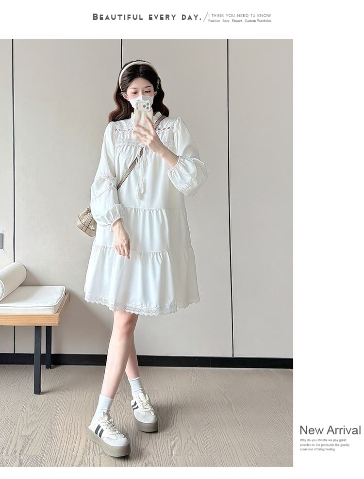 실사 임산부 봄 가을 새로운 홀로우 아웃 프랑스식 거품 소매 드레스 상세 이미지 13