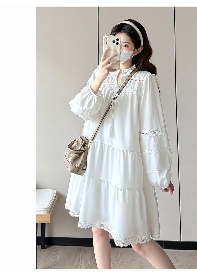 실사 임산부 봄 가을 새로운 홀로우 아웃 프랑스식 거품 소매 드레스 상세 이미지 19