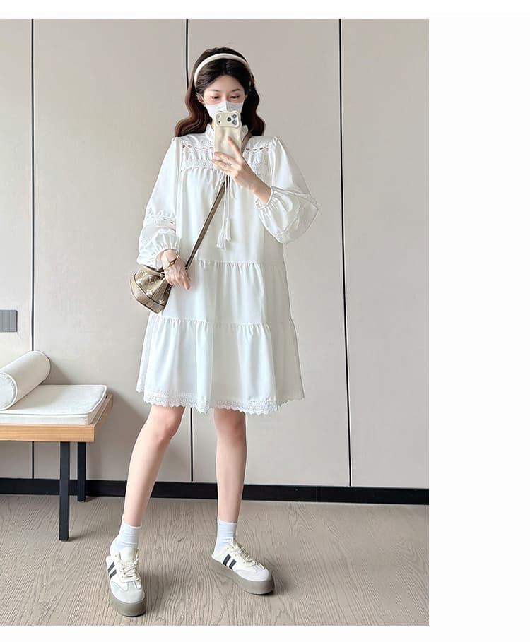 실사 임산부 봄 가을 새로운 홀로우 아웃 프랑스식 거품 소매 드레스 상세 이미지 23