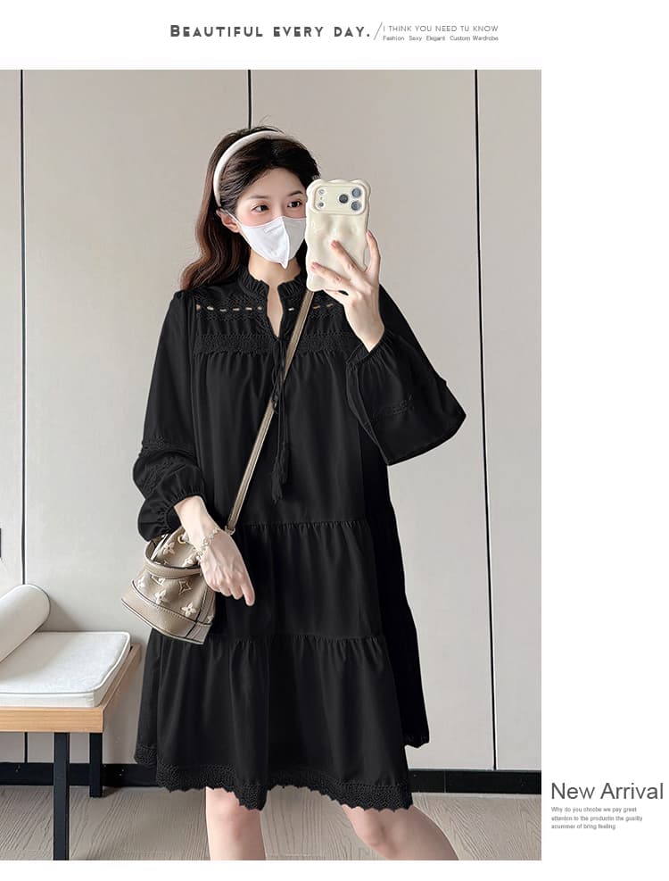 실사 임산부 봄 가을 새로운 홀로우 아웃 프랑스식 거품 소매 드레스 상세 이미지 26