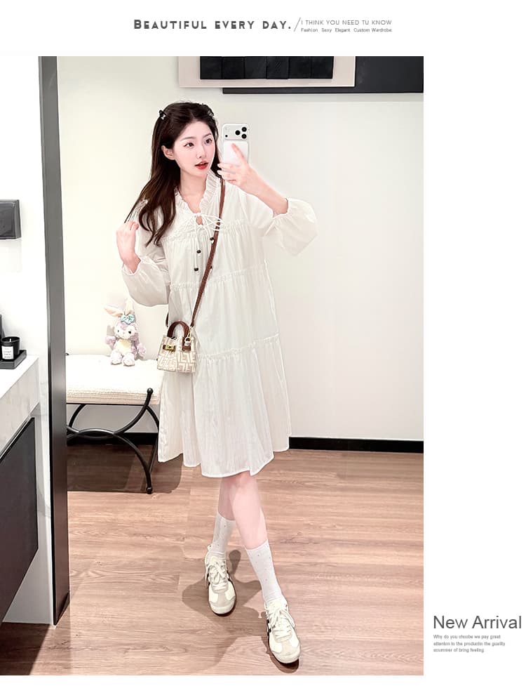 실사 임산부 신제품 봄 가을 루즈핏 프릴 칼라 레이스업 표지 배 임산부 드레스 상세 이미지 14