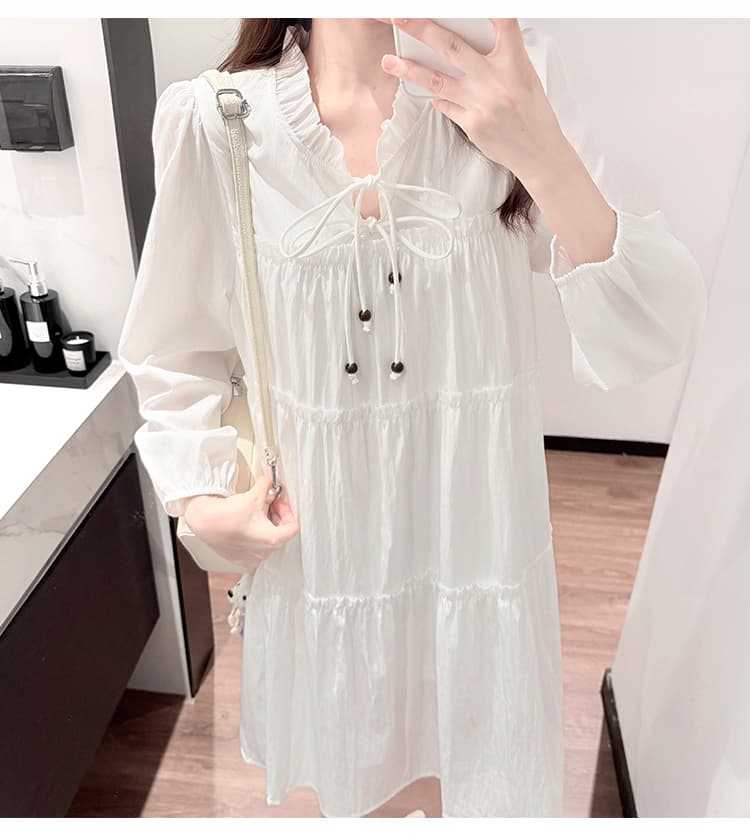 실사 임산부 신제품 봄 가을 루즈핏 프릴 칼라 레이스업 표지 배 임산부 드레스 상세 이미지 17