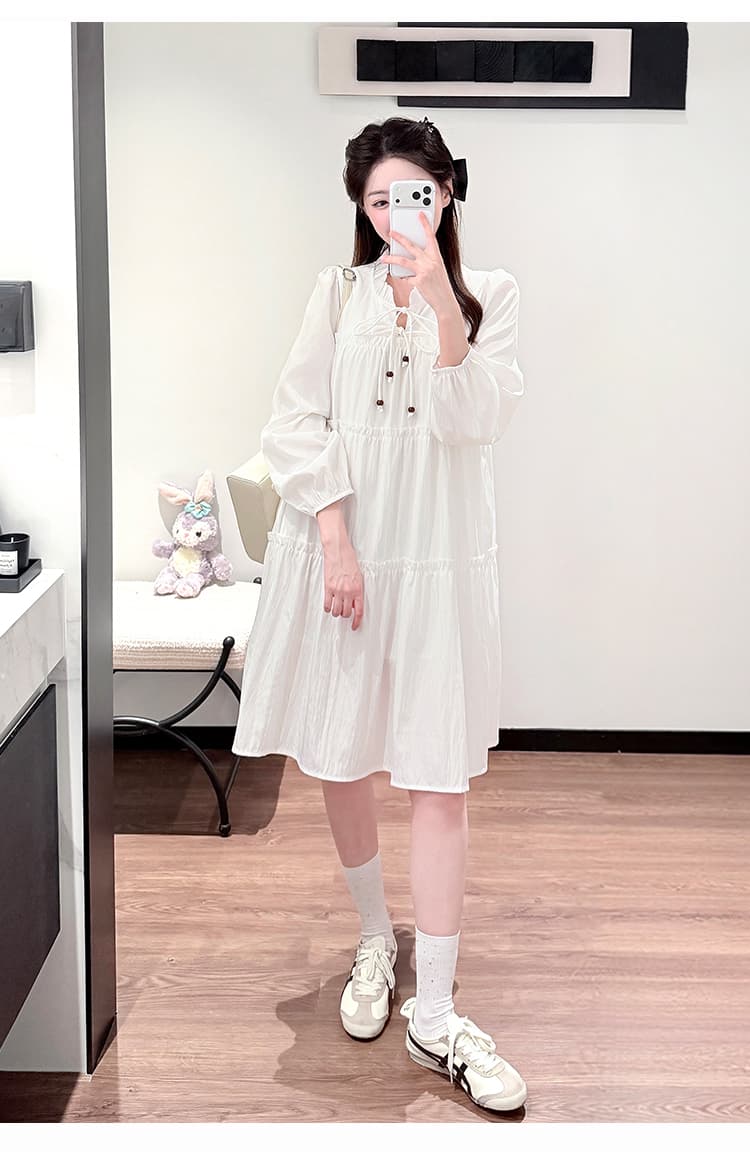 실사 임산부 신제품 봄 가을 루즈핏 프릴 칼라 레이스업 표지 배 임산부 드레스 상세 이미지 22