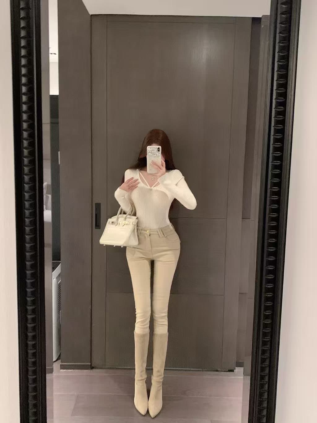 토끼 버블 꽃차 애니 편지 오리지널 디자인 봄 새로운 펭 넓적 다리 작은 발 바지 하이 웨이스트 청바지 상세 이미지 8