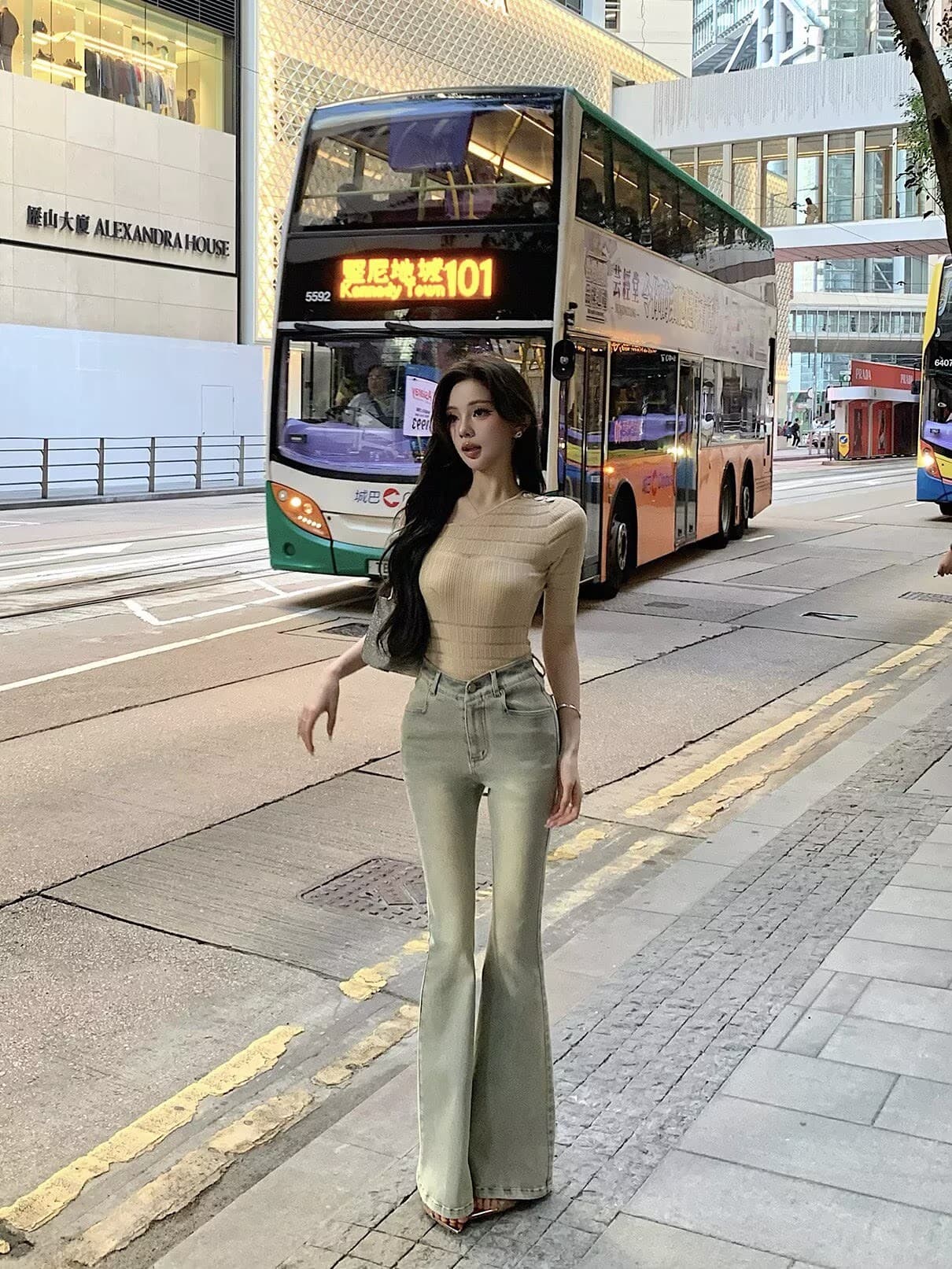 momoshero 한 여성 v 허리 바지 도시 자매 센스 인생 하느님 바지 와인 글라스 허리 워시 물 부츠컷 바지