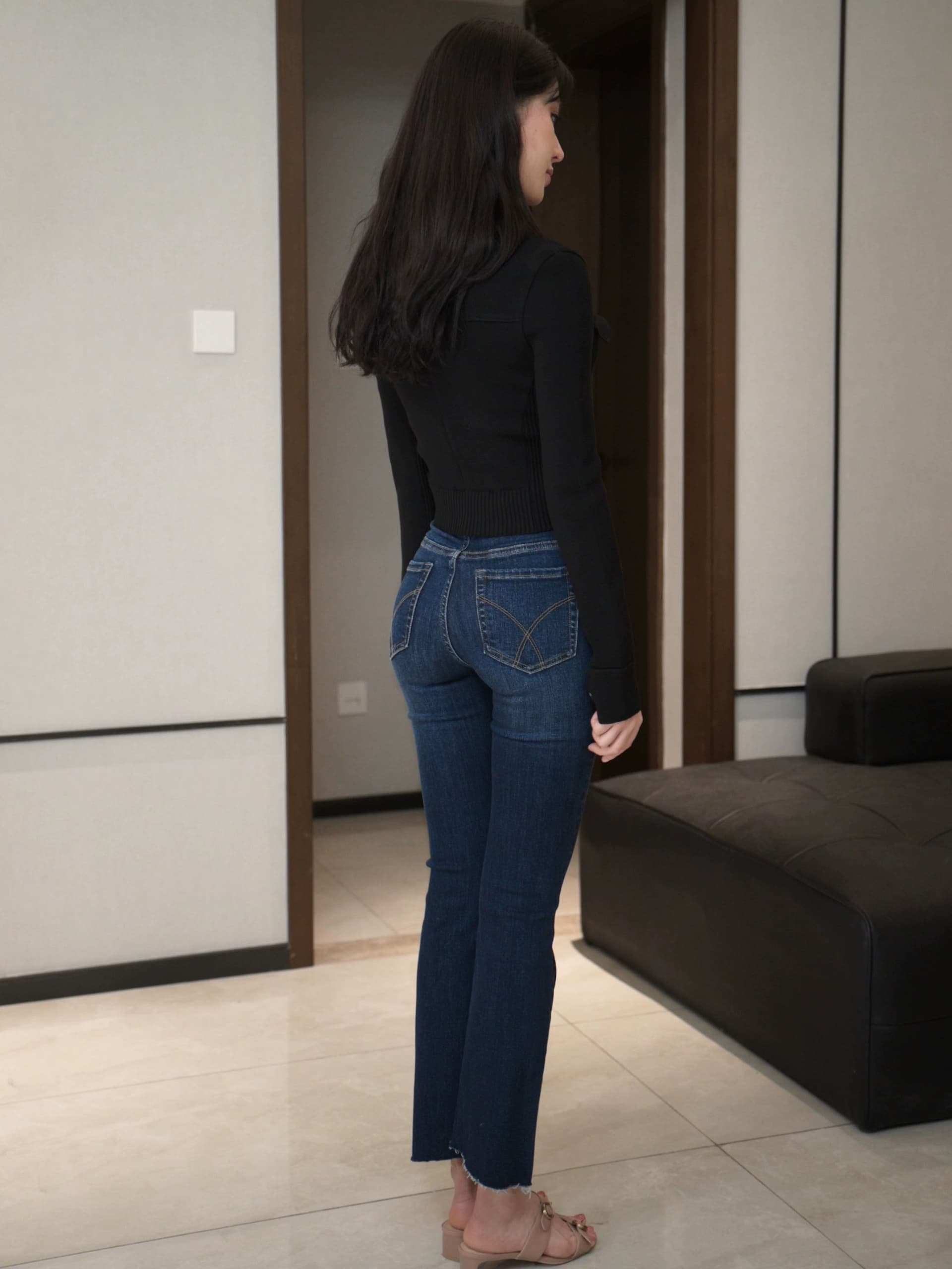 펭 넓적 다리 디자인 센스 자수 9 포인트 마이크로 나팔 바지 불규칙 전단 측면 바지 신축성 청바지 봄 여름 새로운 상세 이미지 4