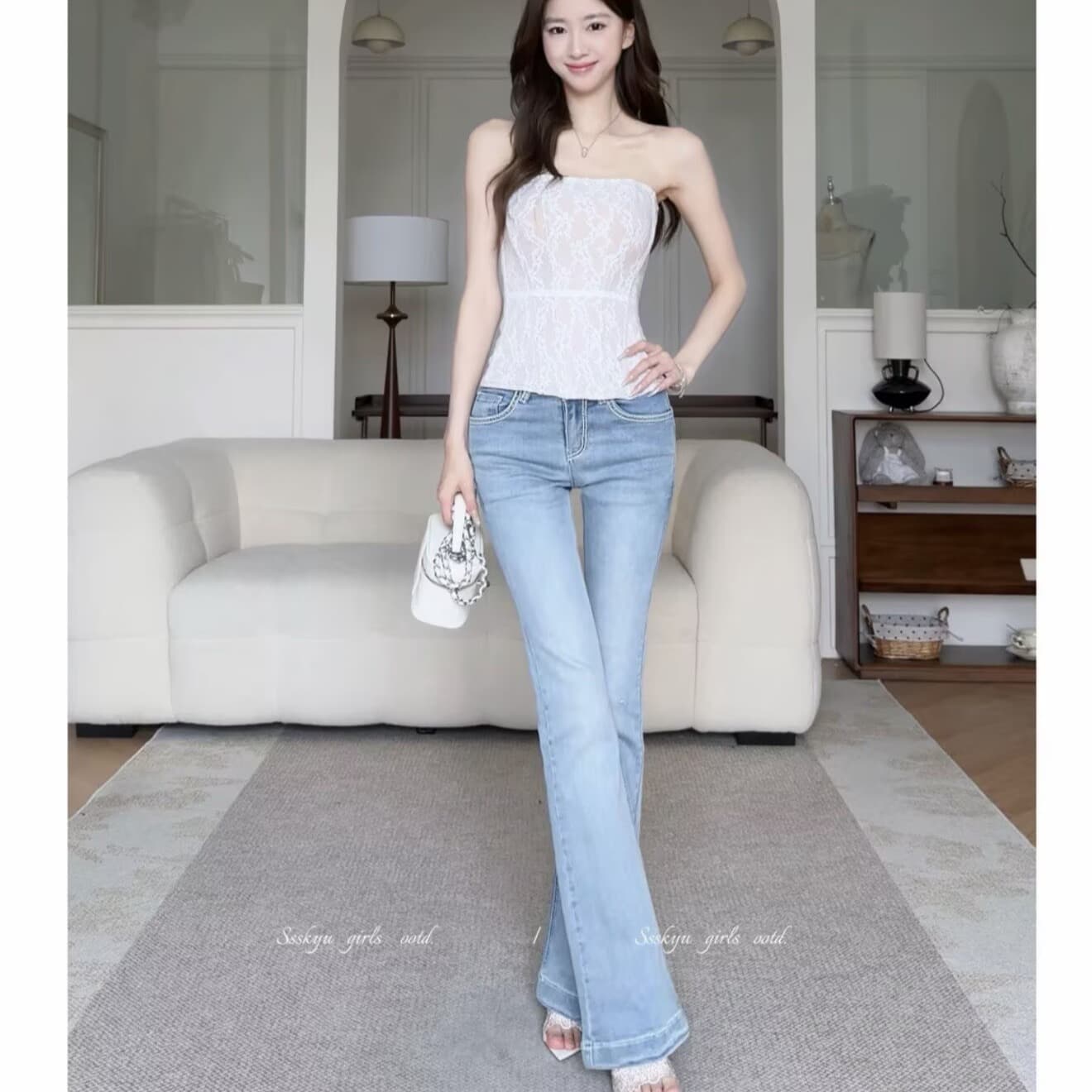 토끼 차 만들기 바다 소금 바닐라 오리지널 디자인 봄 여름 명시적 스티치 로우 웨이스트 부츠컷 청바지 펭 넓적 다리 시리즈 이미지 5