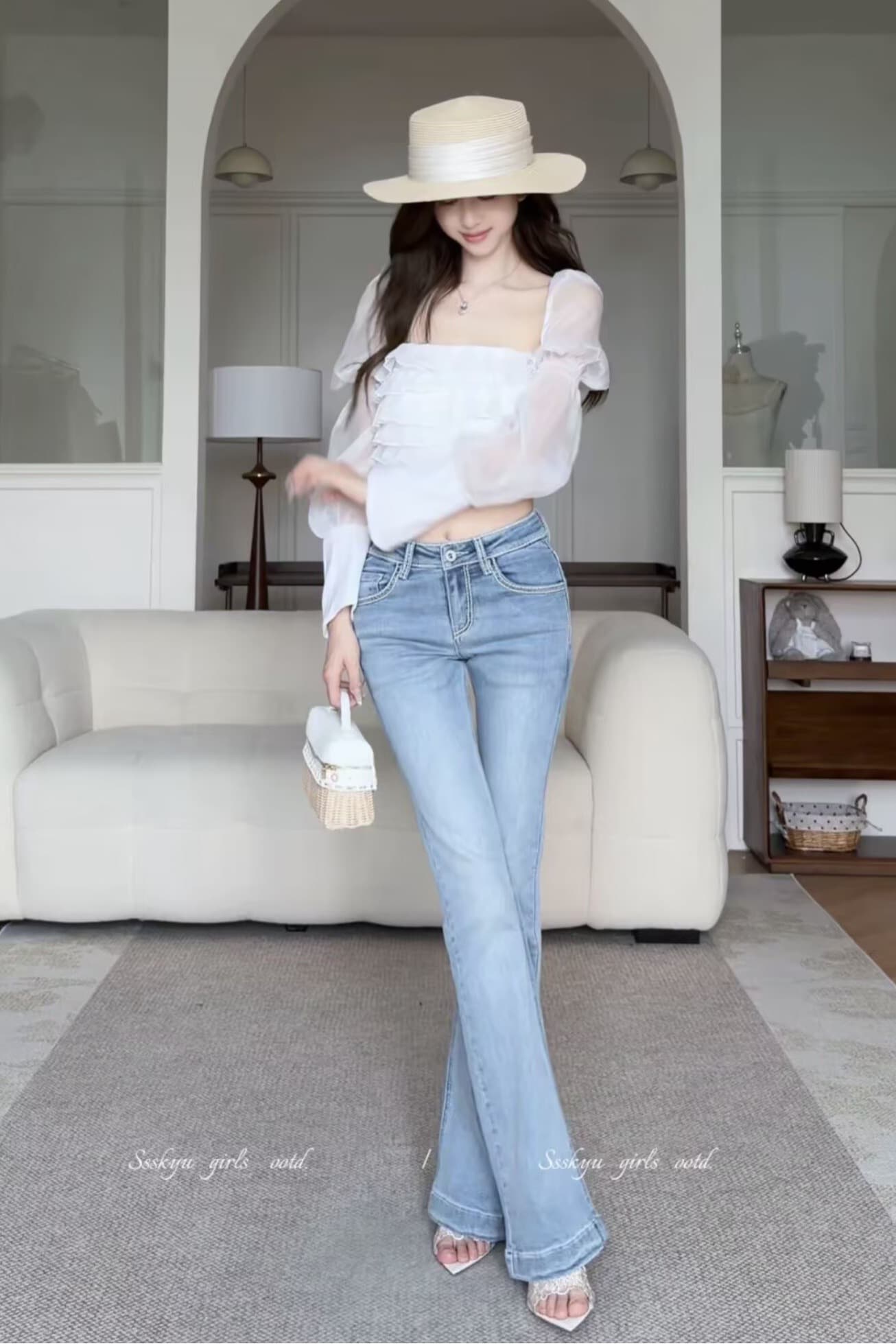 토끼 차 만들기 바다 소금 바닐라 오리지널 디자인 봄 여름 명시적 스티치 로우 웨이스트 부츠컷 청바지 펭 넓적 다리 시리즈 이미지 6